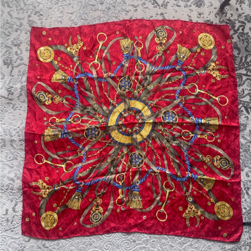 Elegant Red and Gold Scarf with Ornate Design 100% silk made in Italy